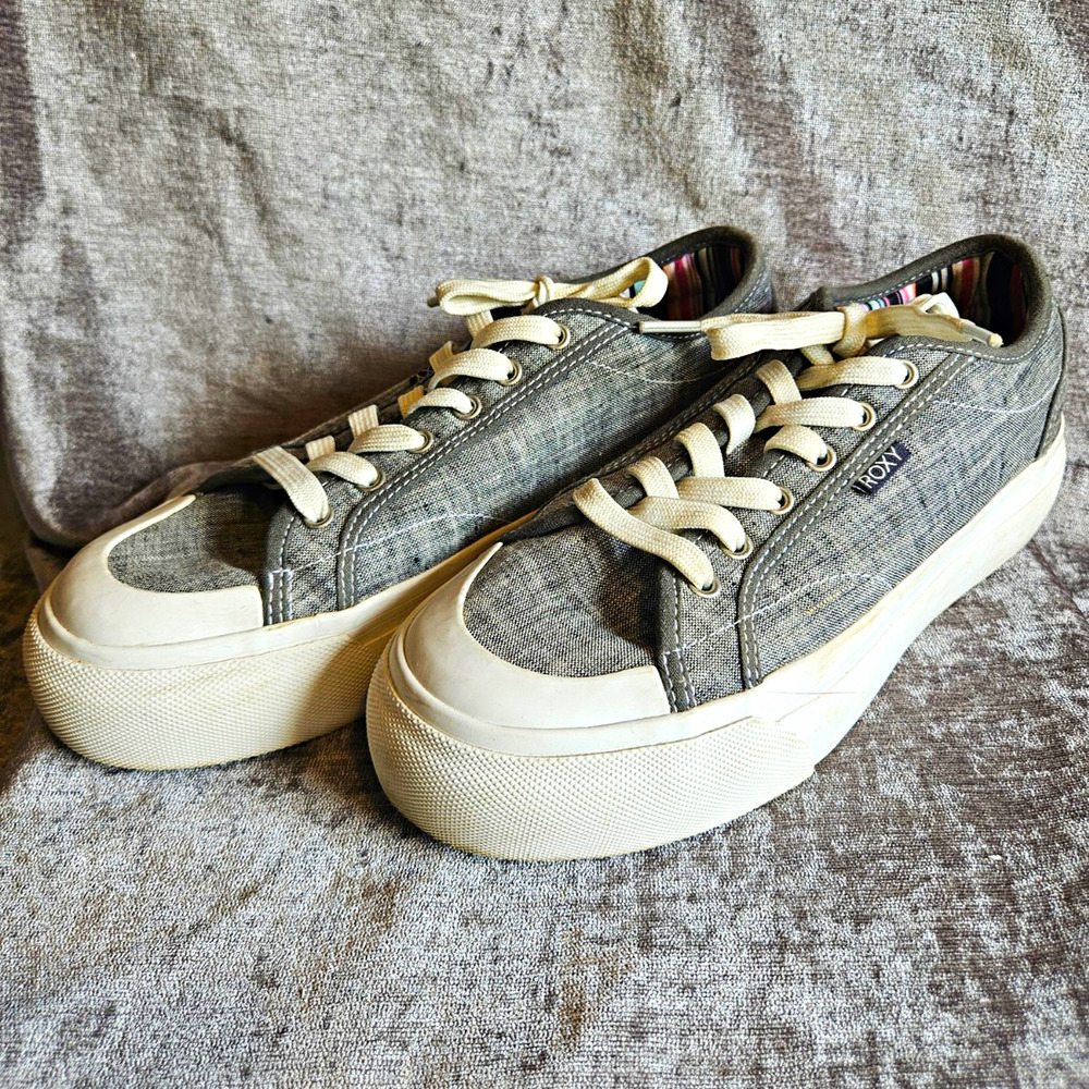 Roxy Women’s Gray Canvas Low Top Lace-Up Sneakers Rubber Sole US 7.5